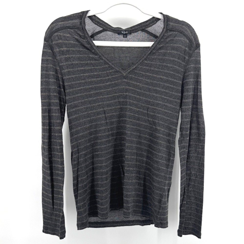 Rails Sami Top Womens Medium Charcoal Bronze Metallic Stripe V-Neck Long Sleeve